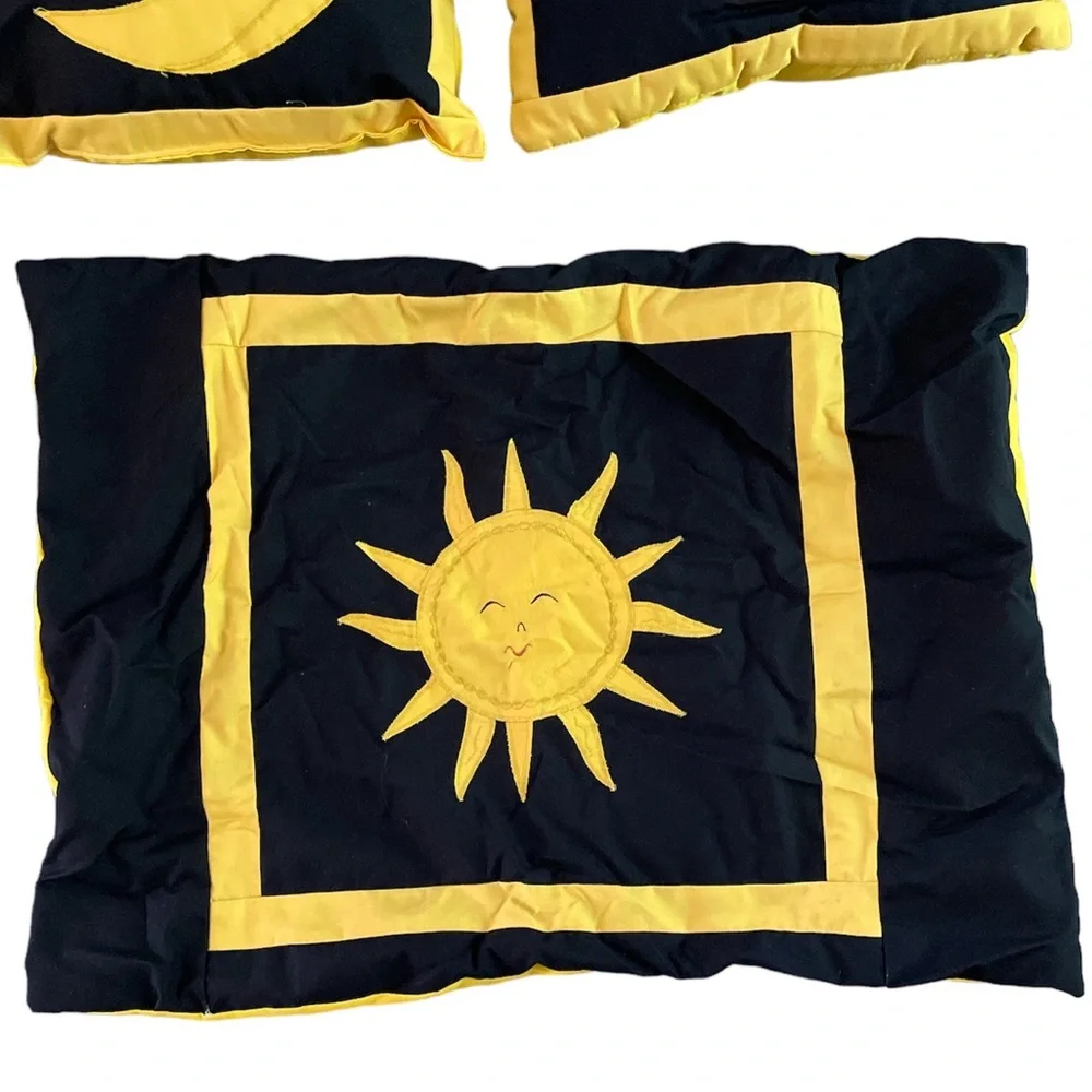 Celestial handmade yellow/black sun, moon & star toss pillows & 1 sun pillowcase